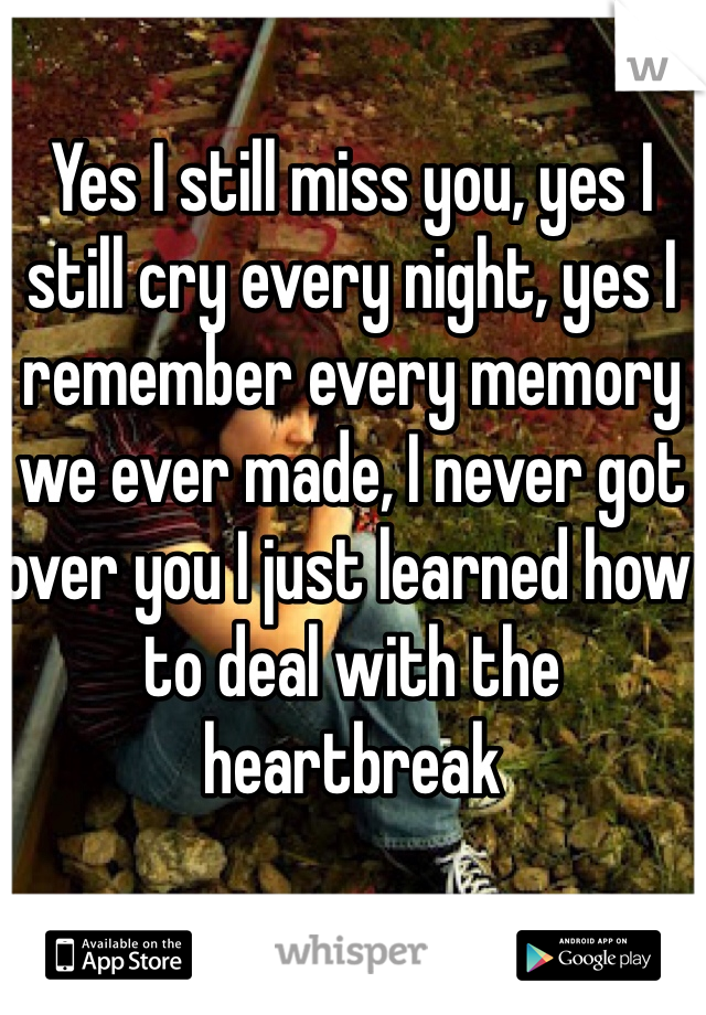 Yes I still miss you, yes I still cry every night, yes I remember every memory we ever made, I never got over you I just learned how to deal with the heartbreak