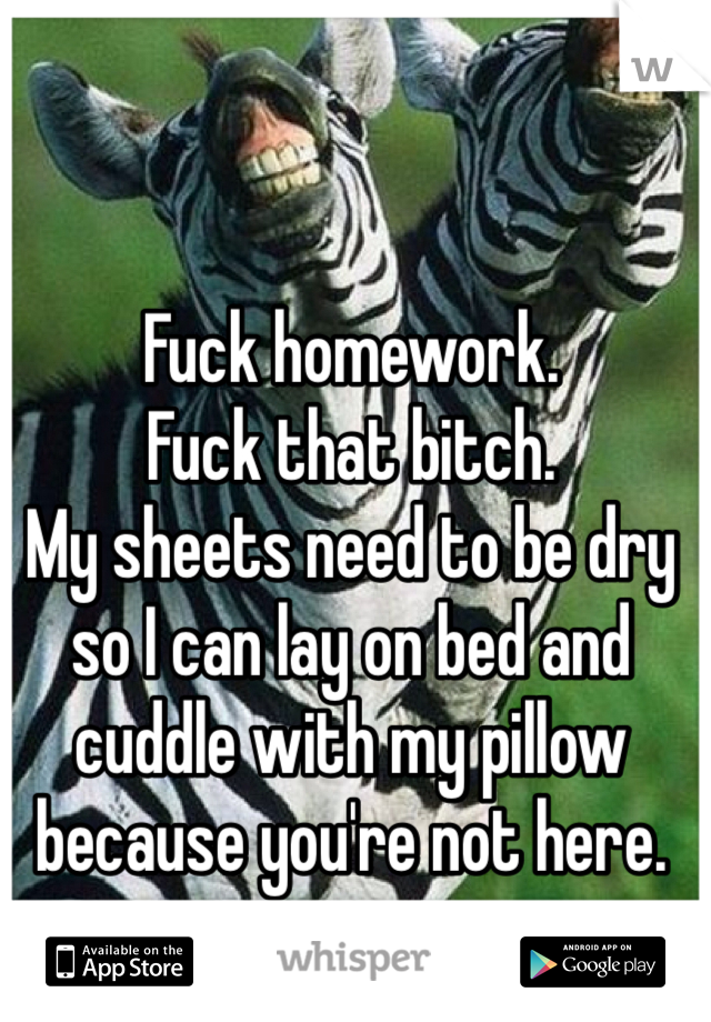 Fuck homework. 
Fuck that bitch. 
My sheets need to be dry so I can lay on bed and cuddle with my pillow because you're not here. 