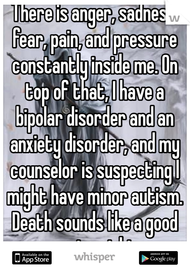 There is anger, sadness, fear, pain, and pressure constantly inside me. On top of that, I have a bipolar disorder and an anxiety disorder, and my counselor is suspecting I might have minor autism. Death sounds like a good compromise right now...