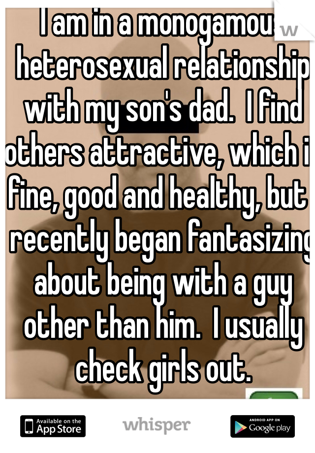 I am in a monogamous heterosexual relationship with my son's dad.  I find others attractive, which is fine, good and healthy, but I recently began fantasizing about being with a guy other than him.  I usually check girls out. 