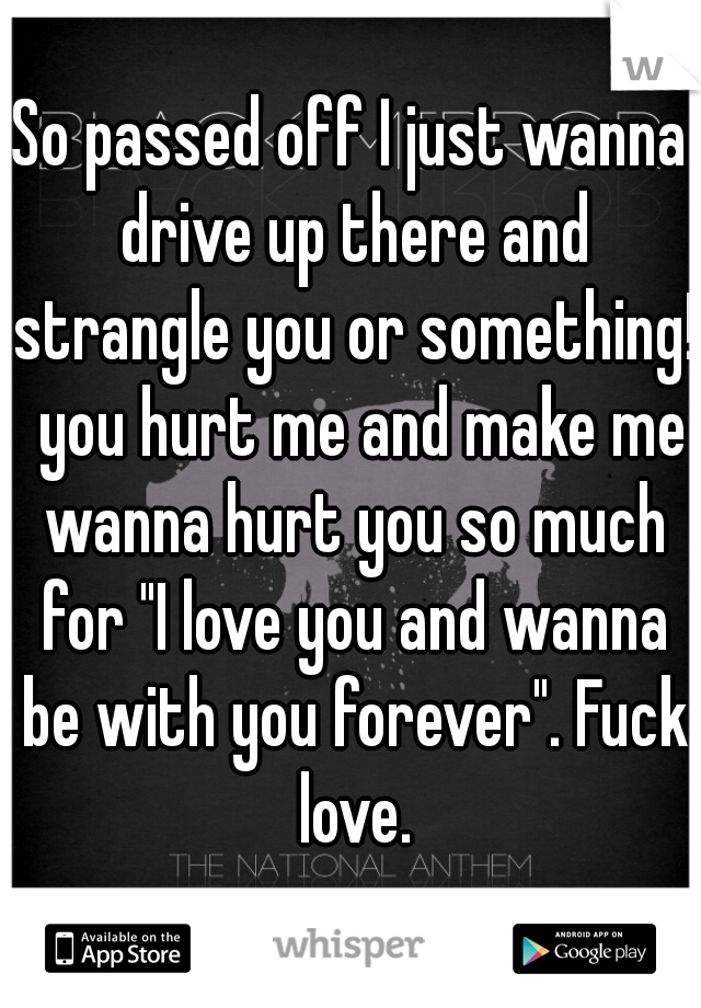 So passed off I just wanna drive up there and strangle you or something!  you hurt me and make me wanna hurt you so much for "I love you and wanna be with you forever". Fuck love.