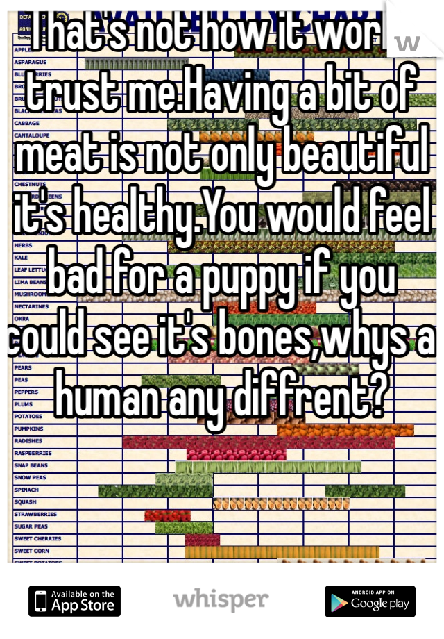 That's not how it works trust me.Having a bit of meat is not only beautiful it's healthy.You would feel bad for a puppy if you could see it's bones,whys a human any diffrent?