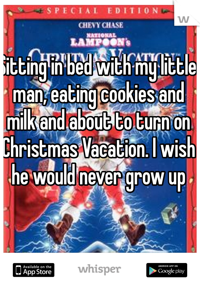 Sitting in bed with my little man, eating cookies and milk and about to turn on Christmas Vacation. I wish he would never grow up