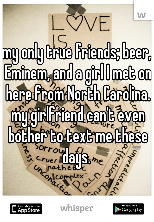 my only true friends; beer, Eminem, and a girl I met on here from North Carolina. my girlfriend can't even bother to text me these days. 