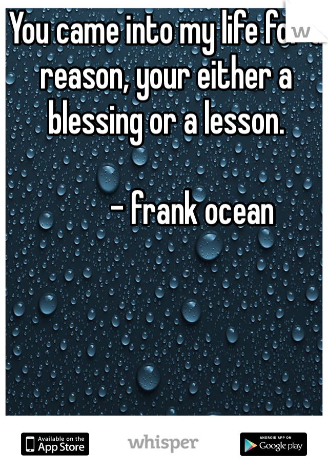 You came into my life for a reason, your either a blessing or a lesson.

        - frank ocean