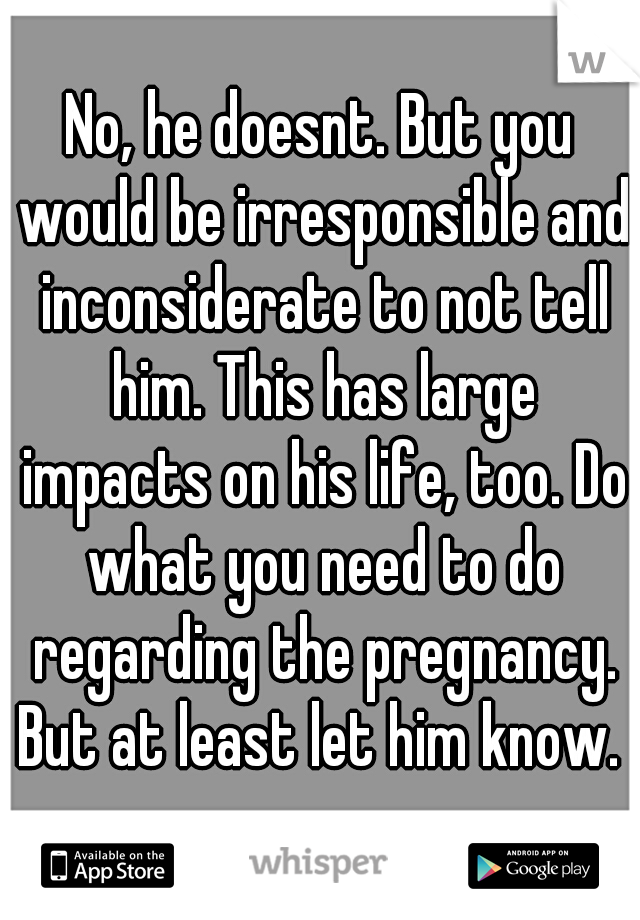 No, he doesnt. But you would be irresponsible and inconsiderate to not tell him. This has large impacts on his life, too. Do what you need to do regarding the pregnancy. But at least let him know. 