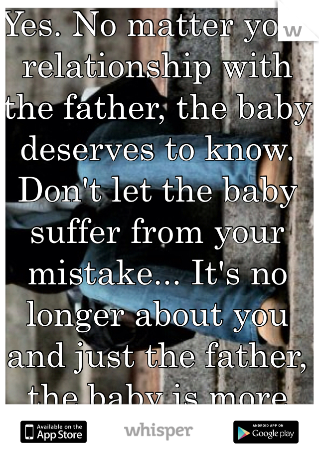 Yes. No matter your relationship with the father, the baby deserves to know. Don't let the baby suffer from your mistake... It's no longer about you and just the father, the baby is more important.