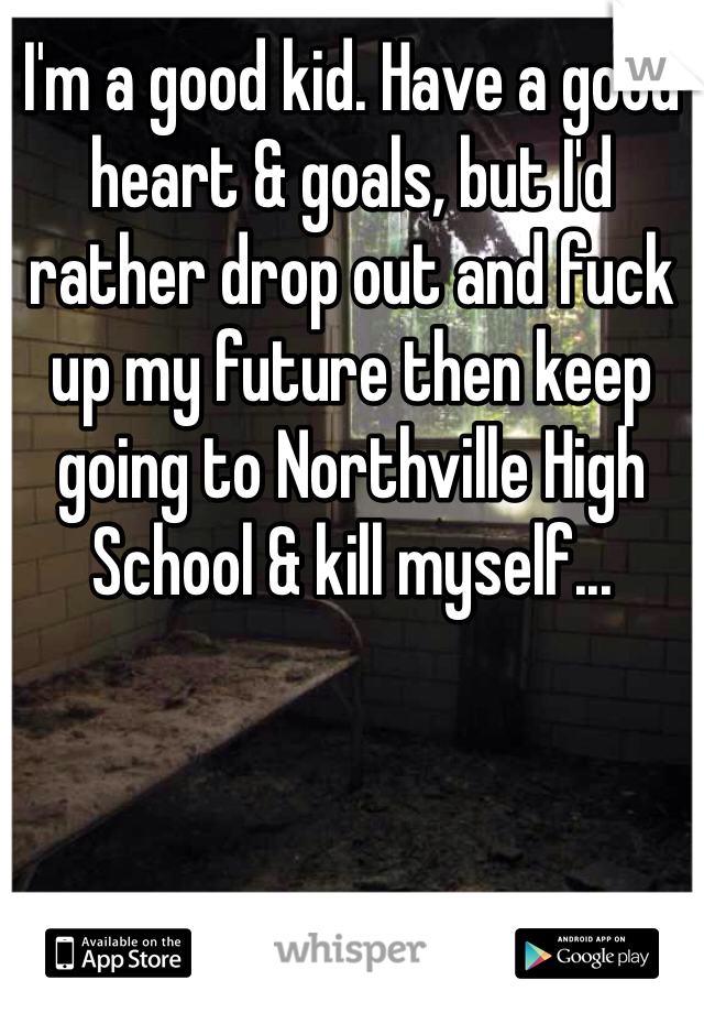 I'm a good kid. Have a good heart & goals, but I'd rather drop out and fuck up my future then keep going to Northville High School & kill myself...
