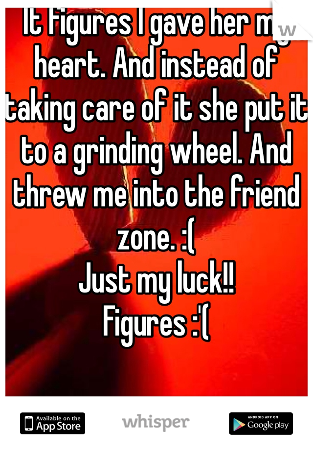 It figures I gave her my heart. And instead of taking care of it she put it to a grinding wheel. And threw me into the friend zone. :(
Just my luck!!
Figures :'(
