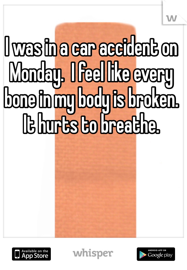 I was in a car accident on Monday.  I feel like every bone in my body is broken.   It hurts to breathe.  