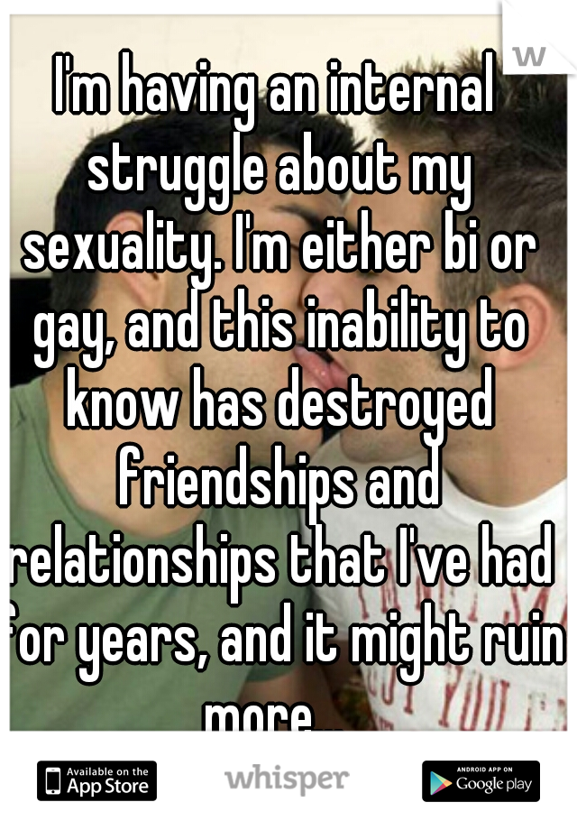 I'm having an internal struggle about my sexuality. I'm either bi or gay, and this inability to know has destroyed friendships and relationships that I've had for years, and it might ruin more... 
