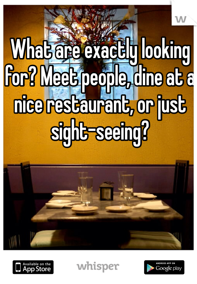 What are exactly looking for? Meet people, dine at a nice restaurant, or just sight-seeing?