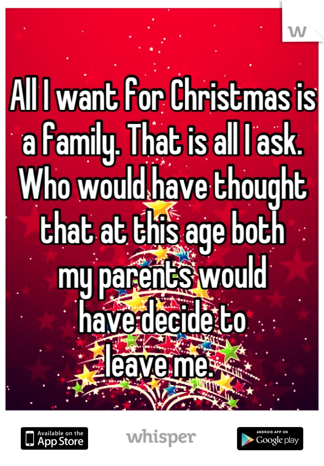 All I want for Christmas is a family. That is all I ask. Who would have thought 
that at this age both 
my parents would 
have decide to 
leave me. 
