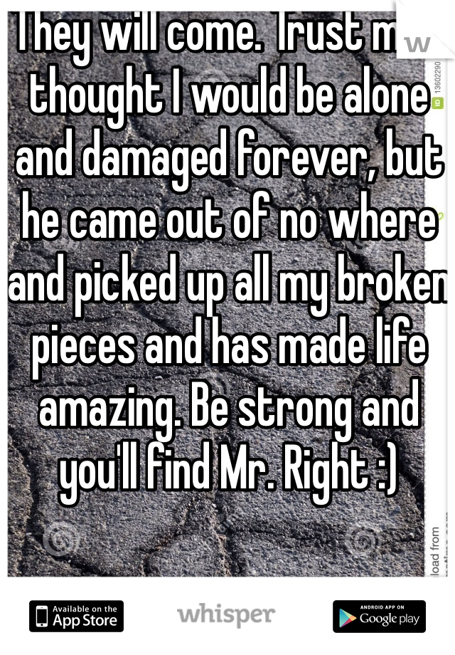 They will come. Trust me. I thought I would be alone and damaged forever, but he came out of no where and picked up all my broken pieces and has made life amazing. Be strong and you'll find Mr. Right :) 