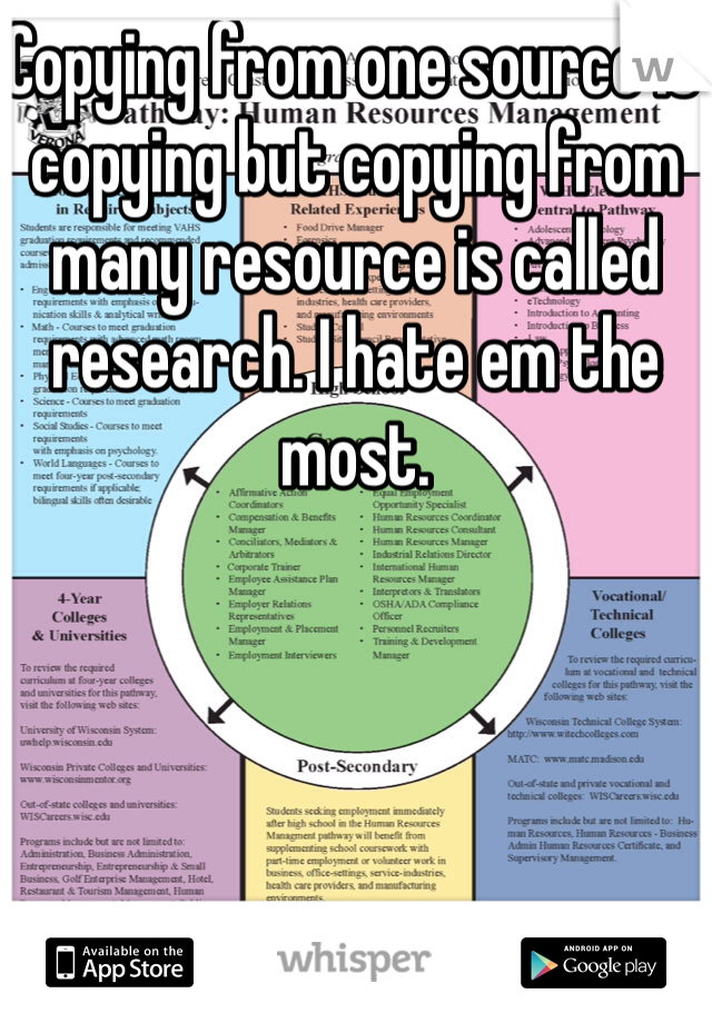 Copying from one source is copying but copying from many resource is called research. I hate em the most. 
