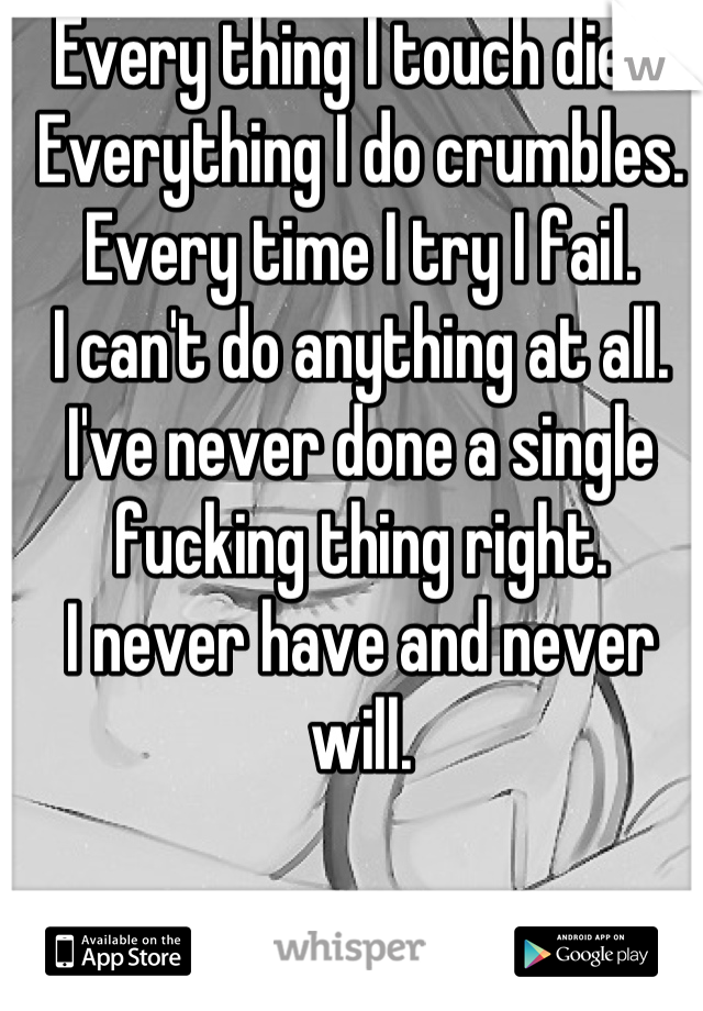 Every thing I touch dies.
Everything I do crumbles. 
Every time I try I fail.
I can't do anything at all.
I've never done a single fucking thing right.
I never have and never will.