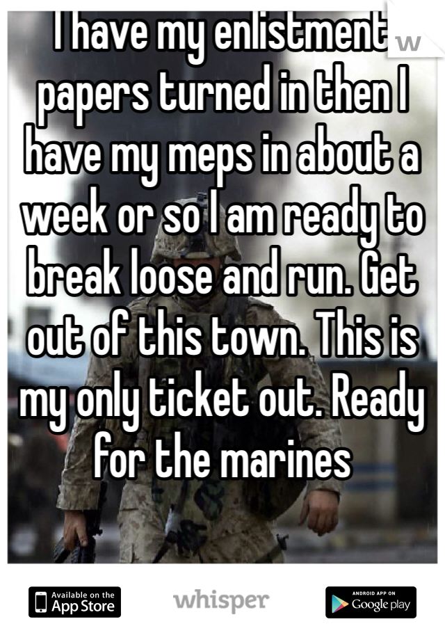 I have my enlistment papers turned in then I have my meps in about a week or so I am ready to break loose and run. Get out of this town. This is my only ticket out. Ready for the marines