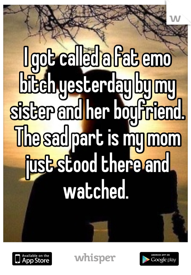 I got called a fat emo bitch yesterday by my sister and her boyfriend. The sad part is my mom just stood there and watched. 