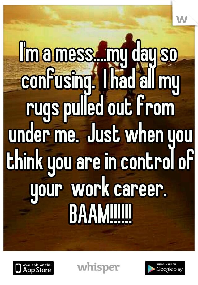 I'm a mess....my day so confusing.  I had all my rugs pulled out from under me.  Just when you think you are in control of your  work career.  BAAM!!!!!!