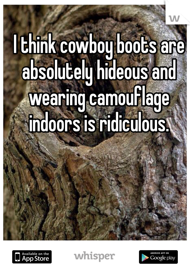 I think cowboy boots are absolutely hideous and wearing camouflage indoors is ridiculous. 