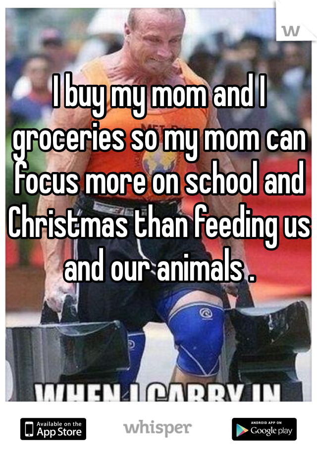 I buy my mom and I groceries so my mom can focus more on school and Christmas than feeding us and our animals .