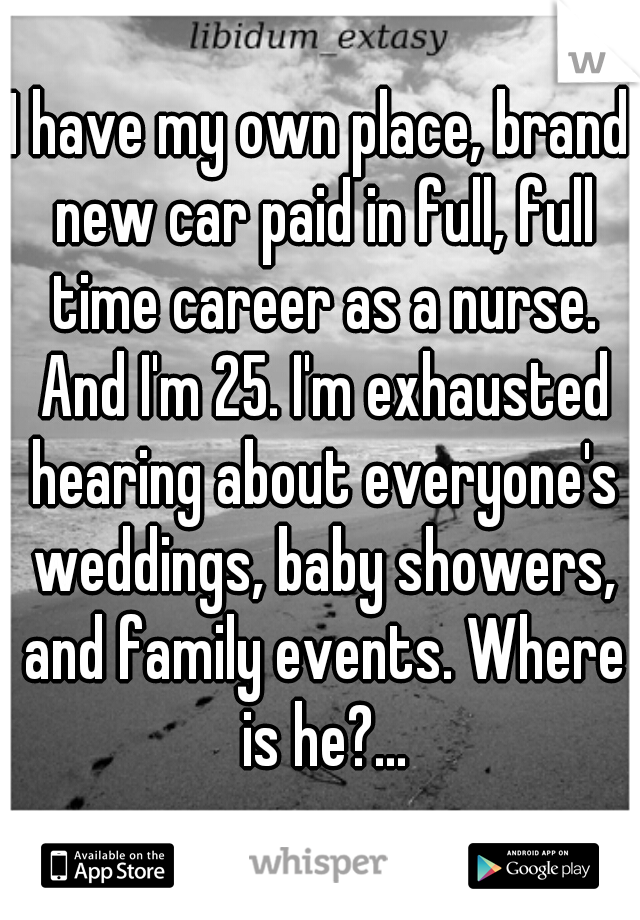 I have my own place, brand new car paid in full, full time career as a nurse. And I'm 25. I'm exhausted hearing about everyone's weddings, baby showers, and family events. Where is he?...