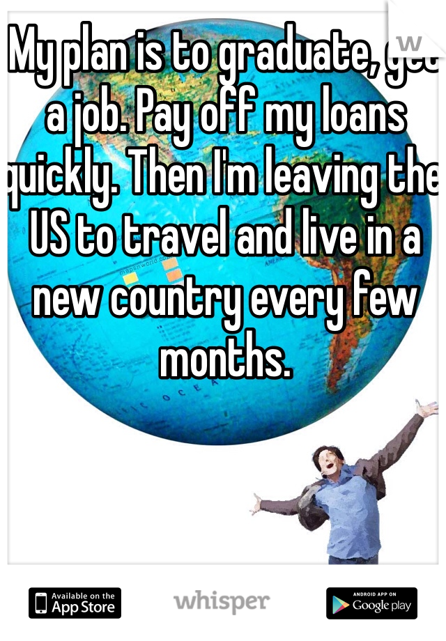 My plan is to graduate, get a job. Pay off my loans quickly. Then I'm leaving the US to travel and live in a new country every few months. 