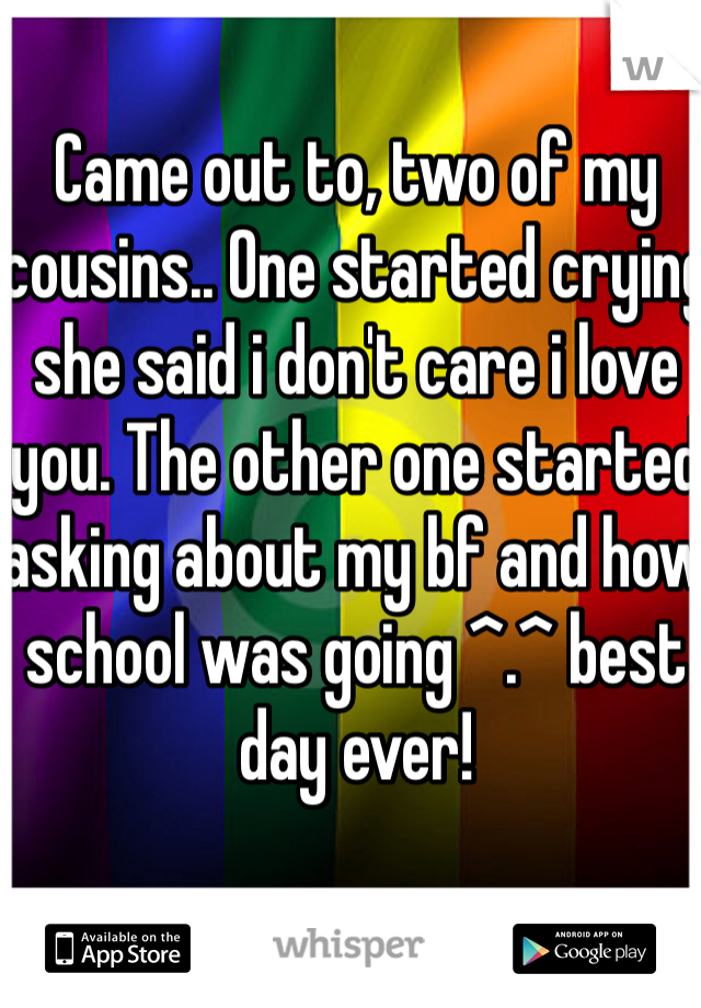 Came out to, two of my cousins.. One started crying she said i don't care i love you. The other one started asking about my bf and how school was going ^.^ best day ever!