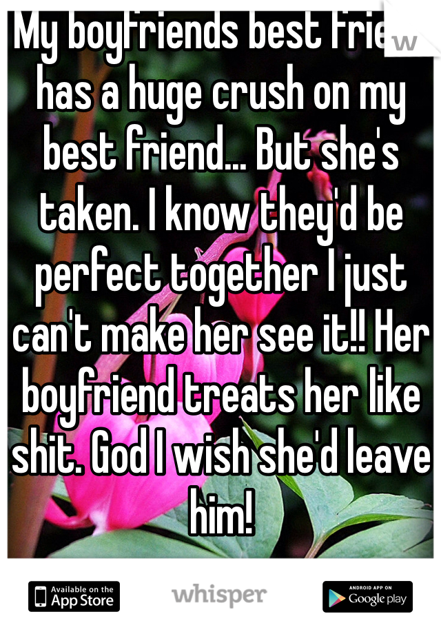 My boyfriends best friend has a huge crush on my best friend... But she's taken. I know they'd be perfect together I just can't make her see it!! Her boyfriend treats her like shit. God I wish she'd leave him!