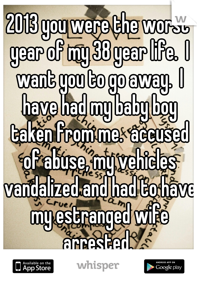2013 you were the worst year of my 38 year life.  I want you to go away.  I have had my baby boy taken from me.  accused of abuse, my vehicles vandalized and had to have my estranged wife arrested. 