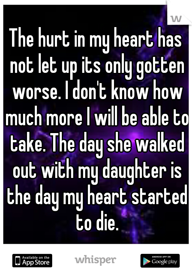The hurt in my heart has not let up its only gotten worse. I don't know how much more I will be able to take. The day she walked out with my daughter is the day my heart started to die.