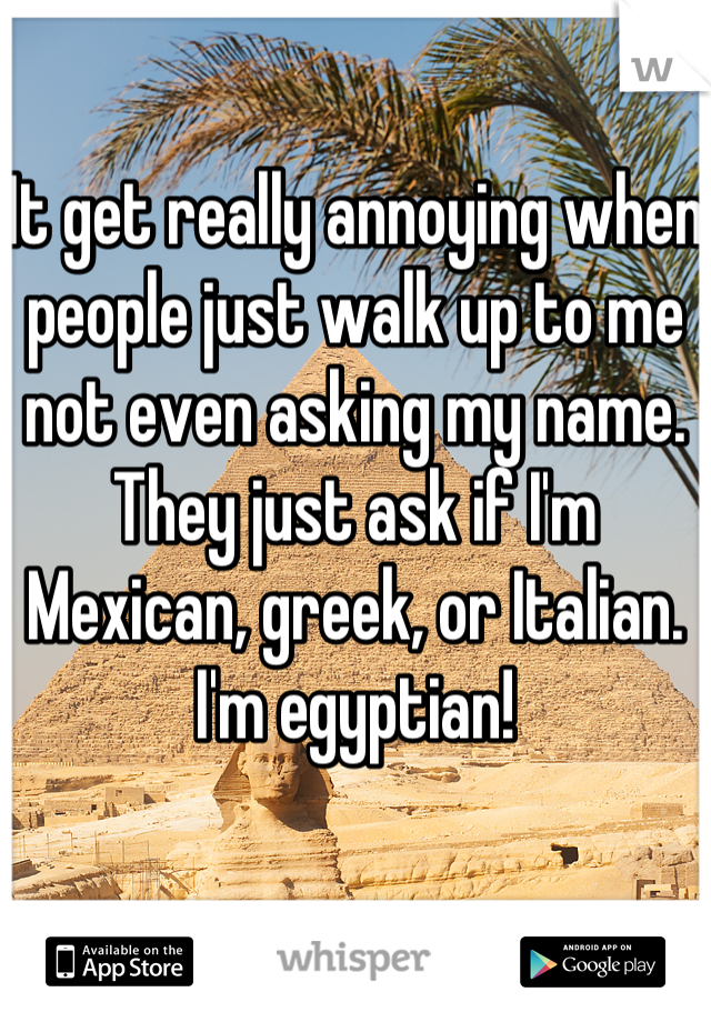 It get really annoying when people just walk up to me not even asking my name. They just ask if I'm Mexican, greek, or Italian. I'm egyptian!