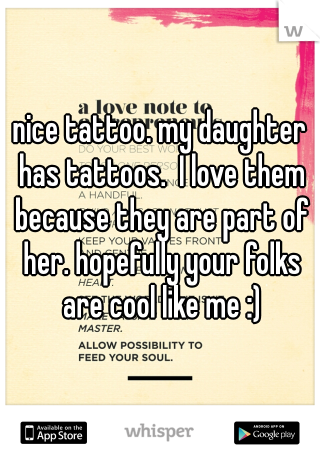 nice tattoo. my daughter has tattoos.  I love them because they are part of her. hopefully your folks are cool like me :)