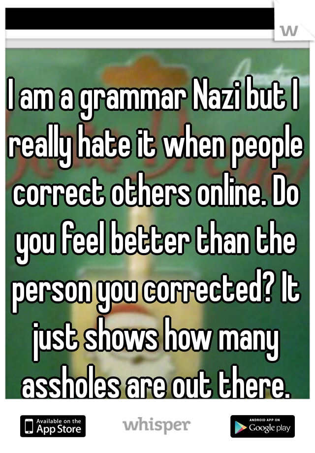 I am a grammar Nazi but I really hate it when people correct others online. Do you feel better than the person you corrected? It just shows how many assholes are out there.