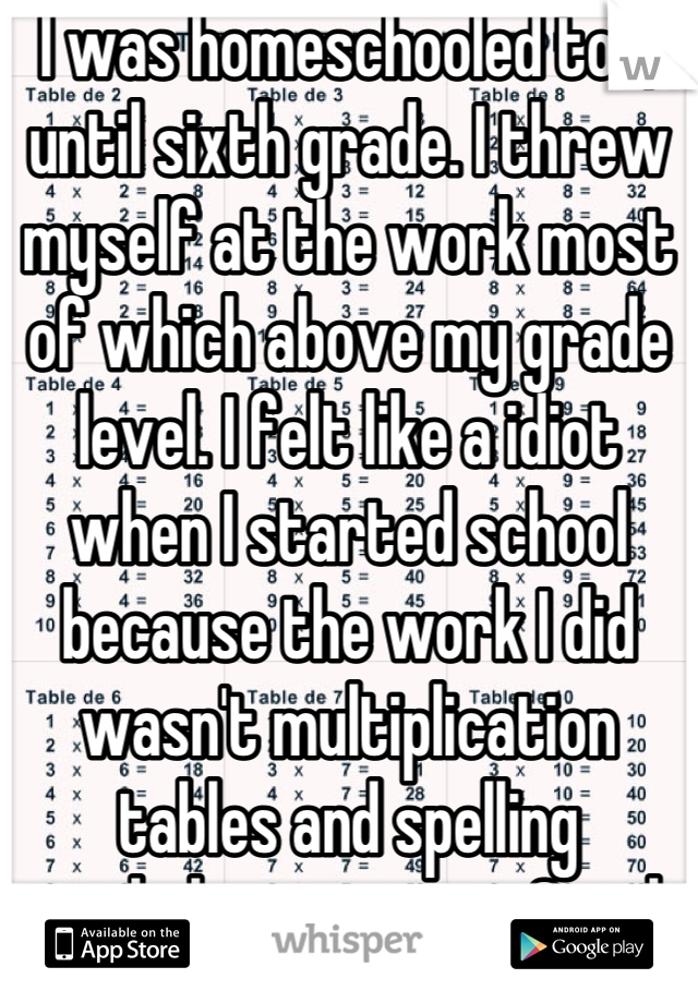I was homeschooled too, until sixth grade. I threw myself at the work most of which above my grade level. I felt like a idiot when I started school because the work I did wasn't multiplication tables and spelling worksheets it was Greek mythology projects and reading until one in the morning. I know this doesn't relate to what you were saying but I shared my story.  Share yours.  