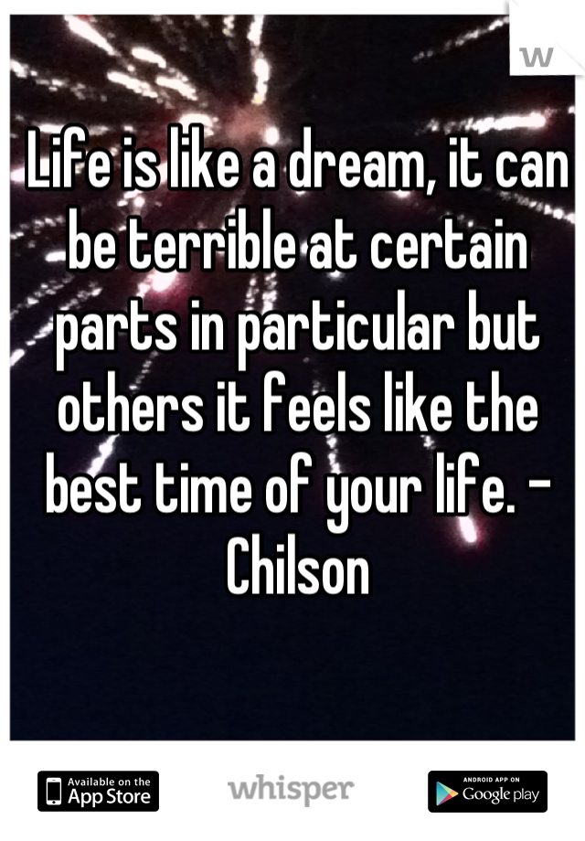 Life is like a dream, it can be terrible at certain parts in particular but others it feels like the best time of your life. -Chilson