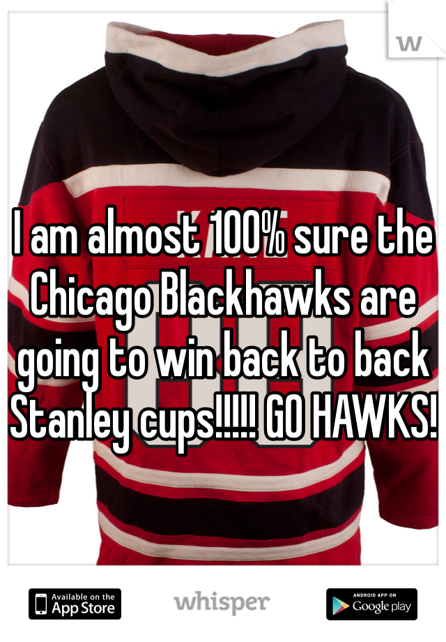 I am almost 100% sure the Chicago Blackhawks are going to win back to back Stanley cups!!!!! GO HAWKS!