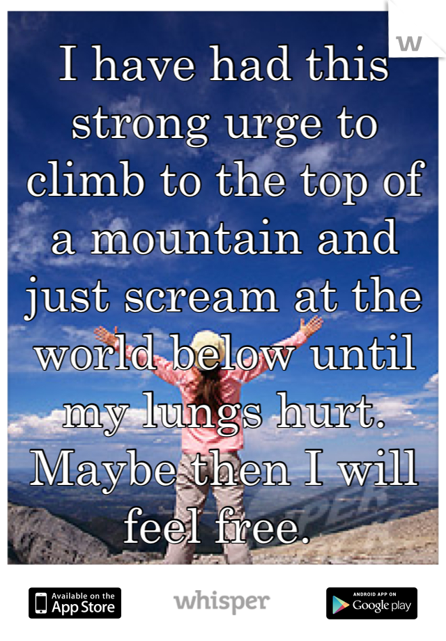 I have had this strong urge to climb to the top of a mountain and just scream at the world below until my lungs hurt. Maybe then I will feel free. 