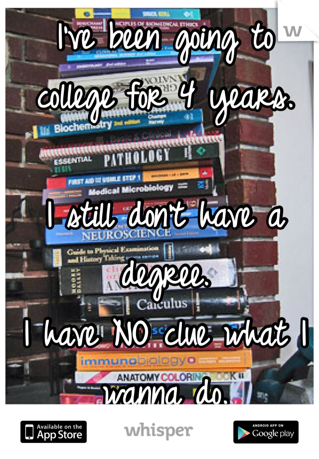 I've been going to 
college for 4 years. 

I still don't have a degree. 
I have NO clue what I wanna do. 