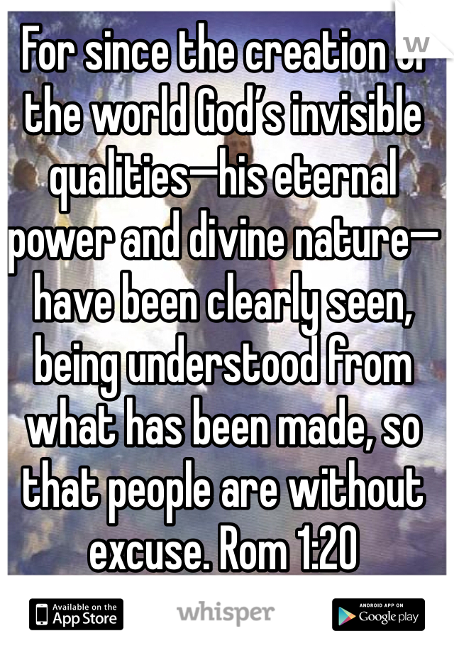  For since the creation of the world God’s invisible qualities—his eternal power and divine nature—have been clearly seen, being understood from what has been made, so that people are without excuse. Rom 1:20