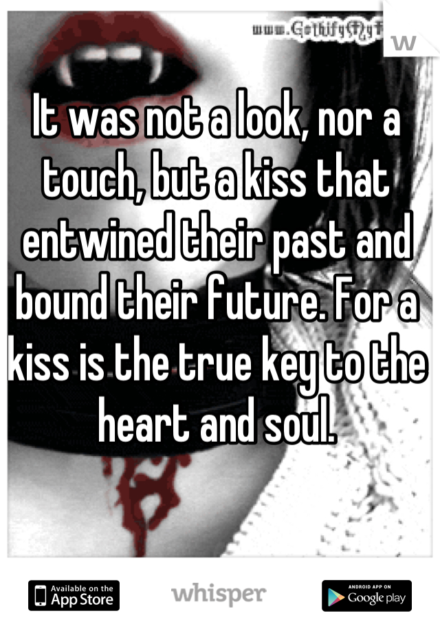 It was not a look, nor a touch, but a kiss that entwined their past and bound their future. For a kiss is the true key to the heart and soul.