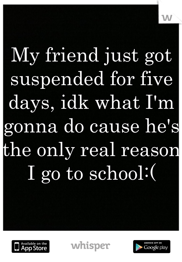 My friend just got suspended for five days, idk what I'm gonna do cause he's the only real reason I go to school:(