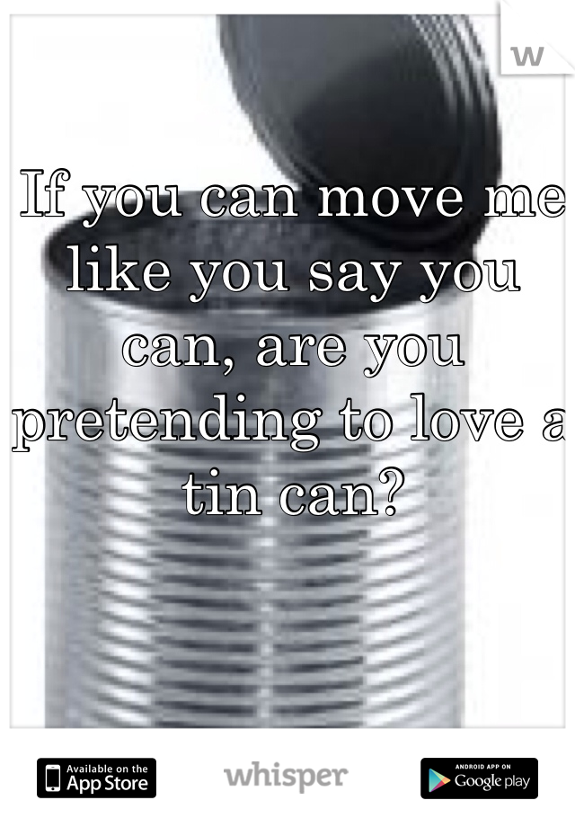 If you can move me like you say you can, are you pretending to love a tin can?