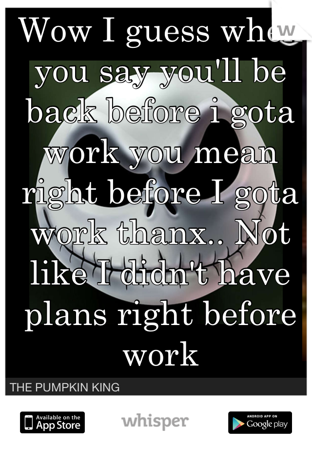 Wow I guess when you say you'll be back before i gota work you mean right before I gota work thanx.. Not like I didn't have plans right before work