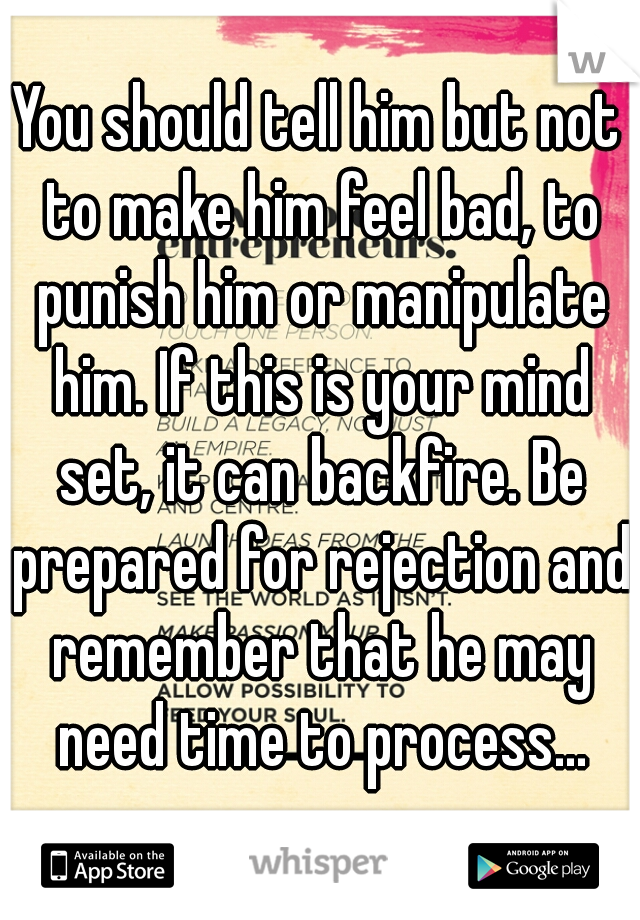 You should tell him but not to make him feel bad, to punish him or manipulate him. If this is your mind set, it can backfire. Be prepared for rejection and remember that he may need time to process...