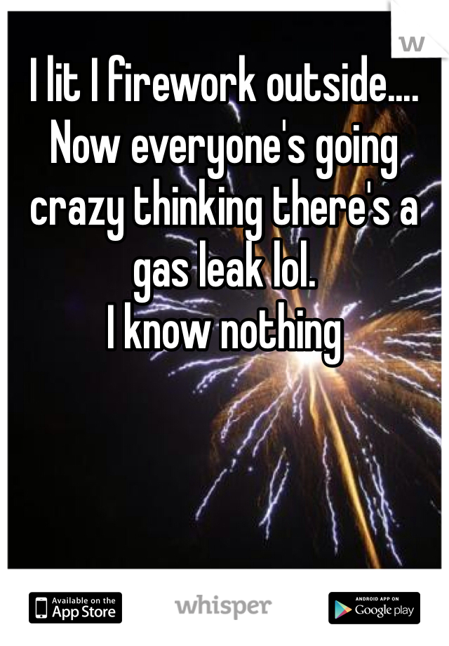 I lit I firework outside.... Now everyone's going crazy thinking there's a gas leak lol.
I know nothing 