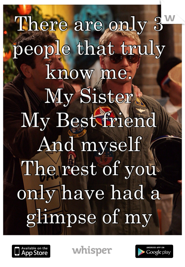 There are only 3 people that truly know me. 
My Sister
My Best friend
And myself  
The rest of you only have had a glimpse of my awesomeness 