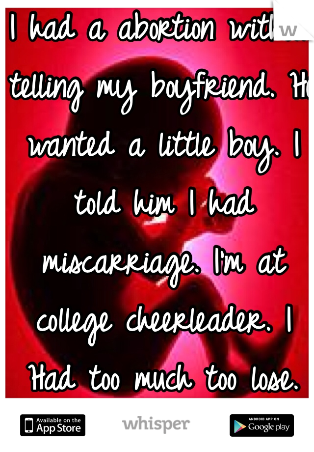 I had a abortion without telling my boyfriend. He wanted a little boy. I told him I had miscarriage. I'm at college cheerleader. I
Had too much too lose. 