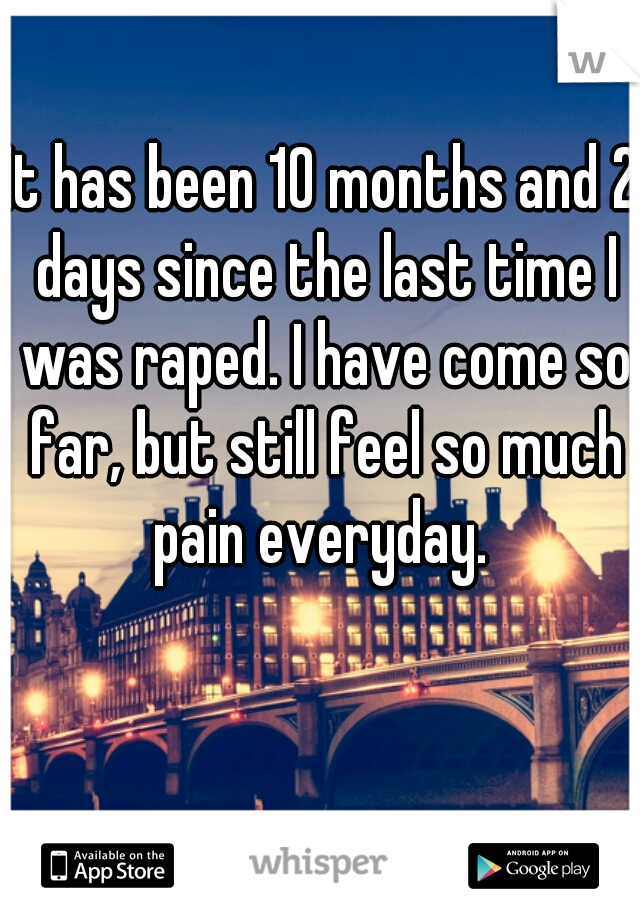 It has been 10 months and 2 days since the last time I was raped. I have come so far, but still feel so much pain everyday. 