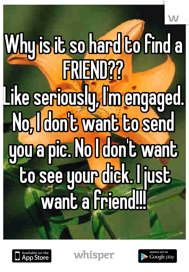 Why is it so hard to find a FRIEND??
Like seriously, I'm engaged. No, I don't want to send 
you a pic. No I don't want
 to see your dick. I just want a friend!!!